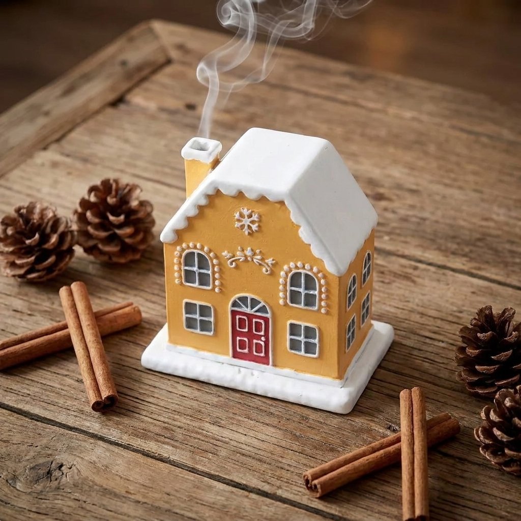 Gingerbread-style cottage incense burner with smoke rising from the chimney, on a rustic wood surface surrounded by cinnamon sticks and pinecones