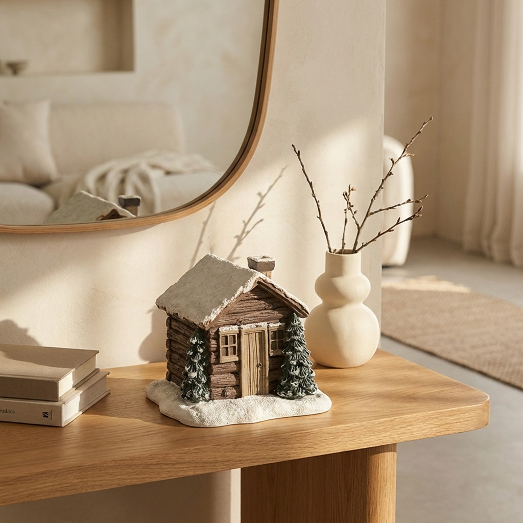 Log cabin cone incense burner on a console table with a vase, Kiyo Home