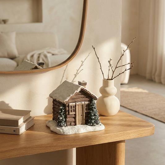 Log cabin cone incense burner on a console table with a vase, Kiyo Home