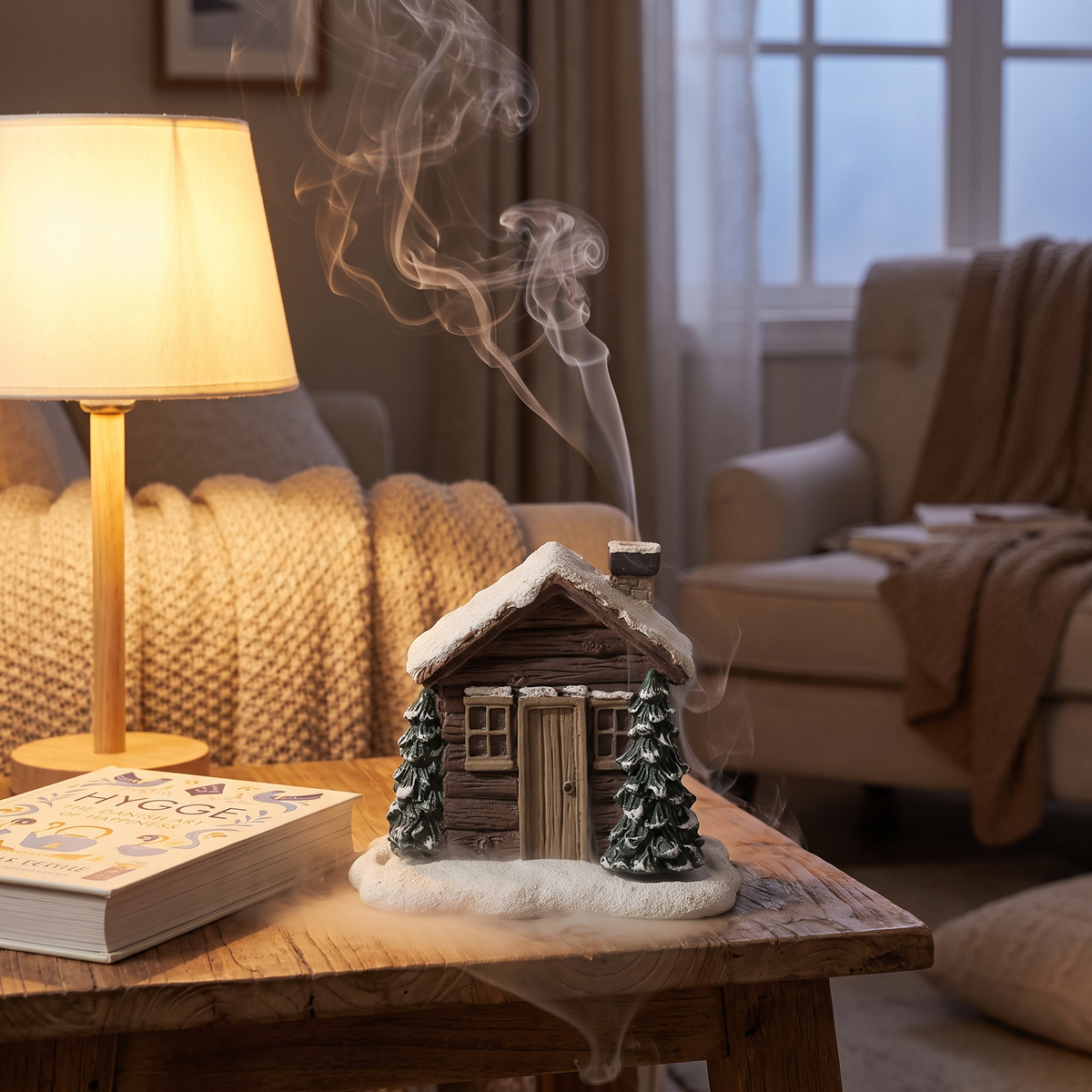Log cabin cone incense burner on a living room table with smoke and a warm lamp, Kiyo Home