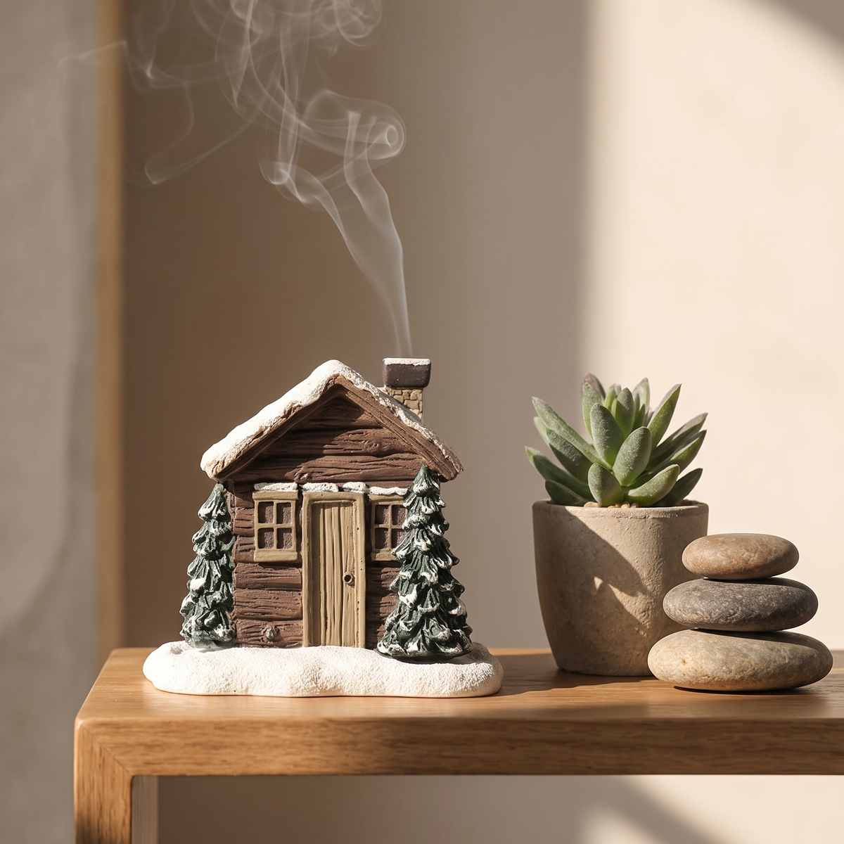 Log cabin cone incense burner on a meditation shelf with a plant and stacked stones, Kiyo Home