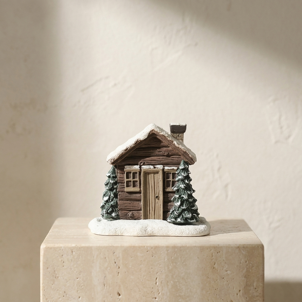 Log cabin cone incense burner styled on a pedestal, Kiyo Home