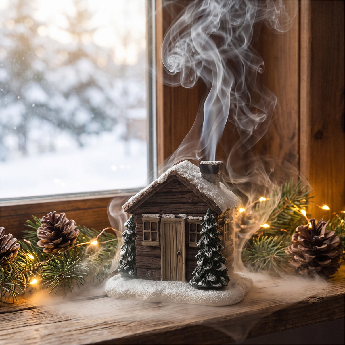 Log cabin cone incense burner on a festive windowsill with pine and fairy lights, Kiyo Home
