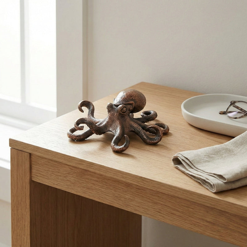 Copper octopus sculpture on modern desk