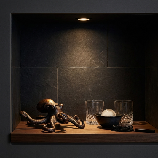 Decorative display with an octopus sculpture, glasses, and a bowl on a wooden shelf against a dark tiled wall.