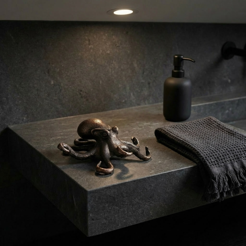 Black soap dispenser and towel on a stone surface with a decorative metal octopus sculpture.
