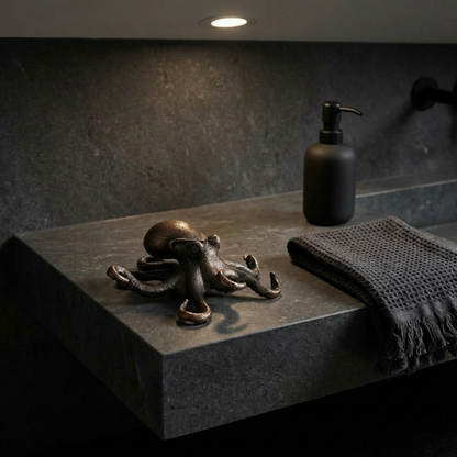 Black soap dispenser and towel on a stone surface with a decorative metal octopus sculpture.