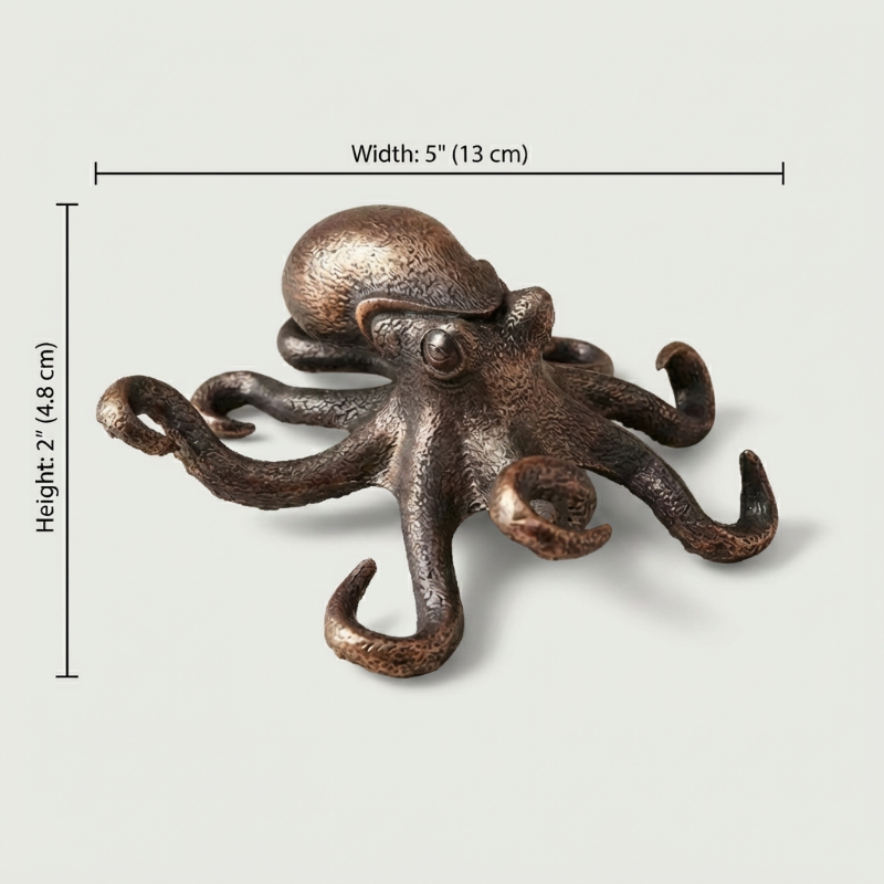 Copper octopus decorative item with dimensions on a light gray background