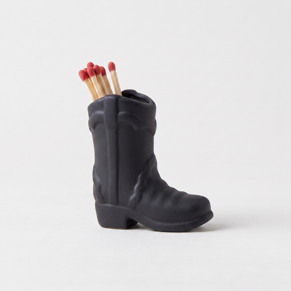 Black ceramic cowboy boot match holder with matchsticks, matte finish, Kiyo Home