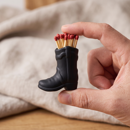 Black ceramic cowboy boot match holder held in hand showing its small size, Kiyo Home
