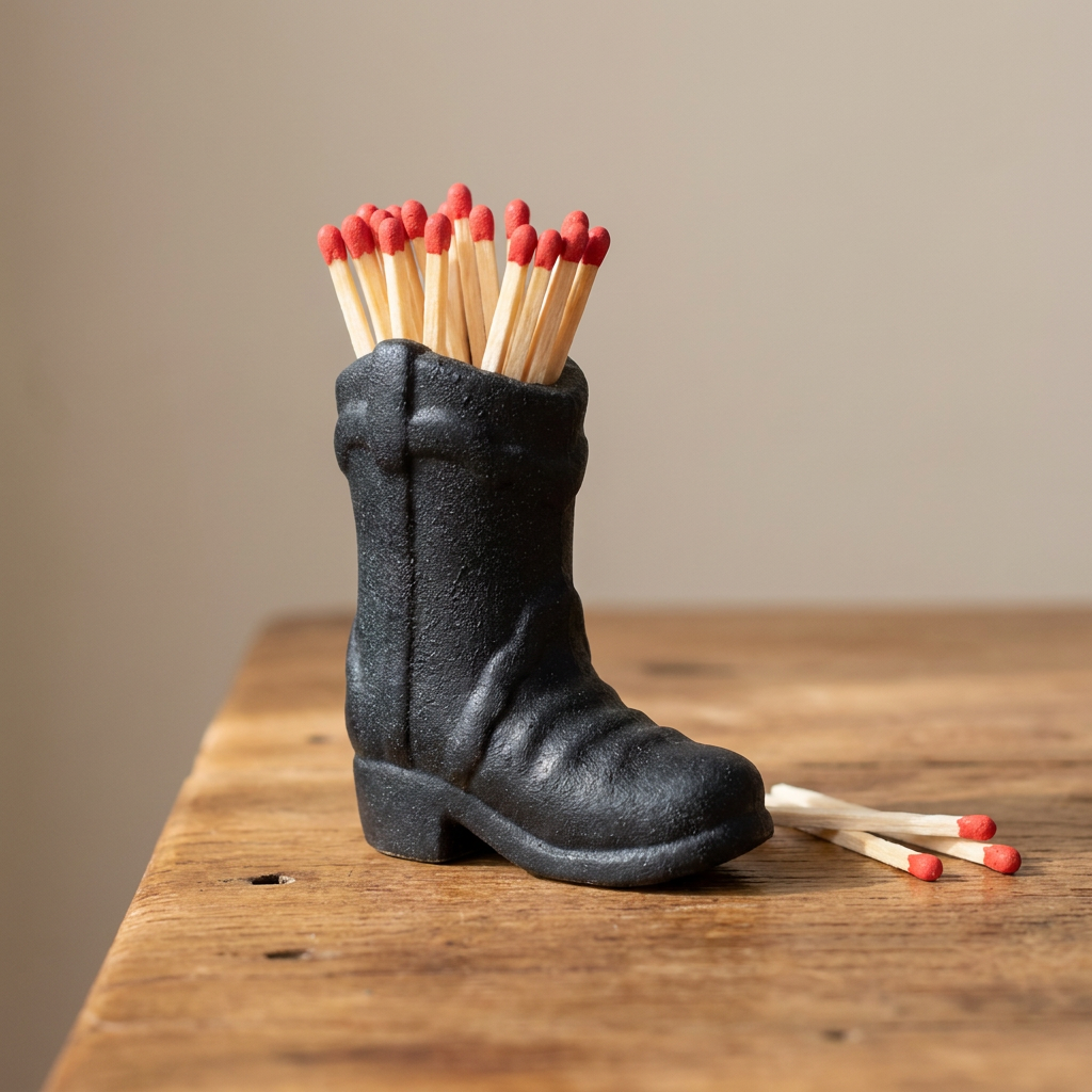 Black ceramic cowboy boot match holder with matchsticks on a wood tabletop, Kiyo Home