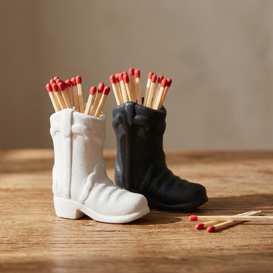White and black ceramic cowboy boot match holders with matchsticks on a wood table, Kiyo Home