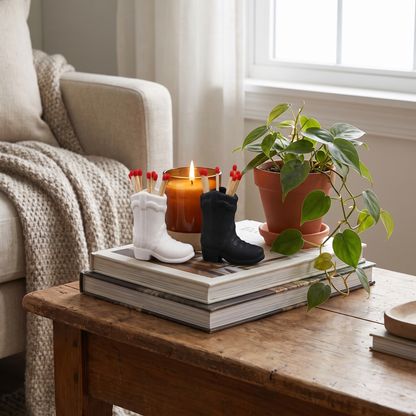 Ceramic cowboy boot match holders on a side table with a candle and plant, Kiyo Home