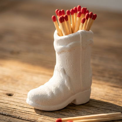 White ceramic cowboy boot match holder on a rustic wood surface with matches, Kiyo Home