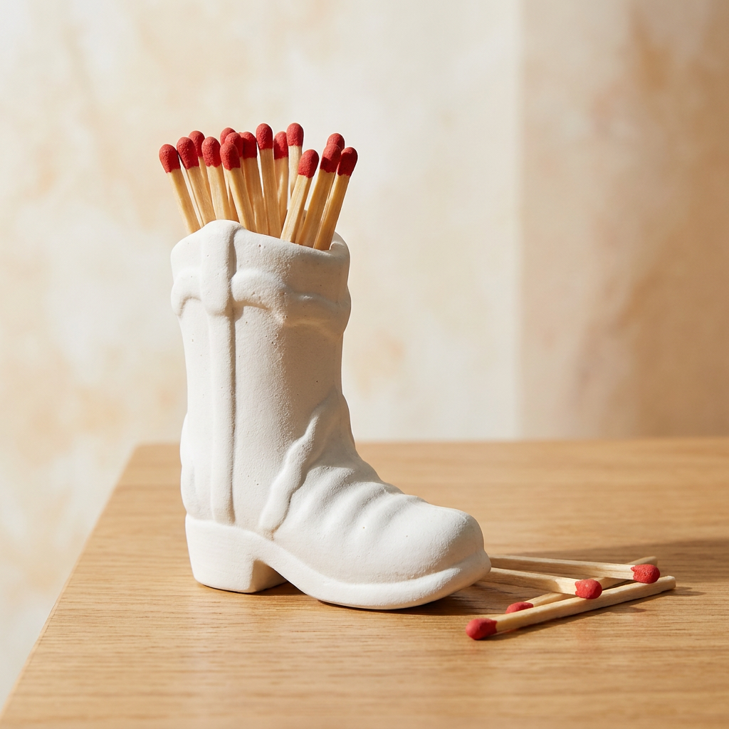 White ceramic cowboy boot match holder with matchsticks on a wood tabletop, Kiyo Home