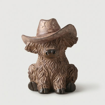 Cowboy Hamish highland cow with white background.