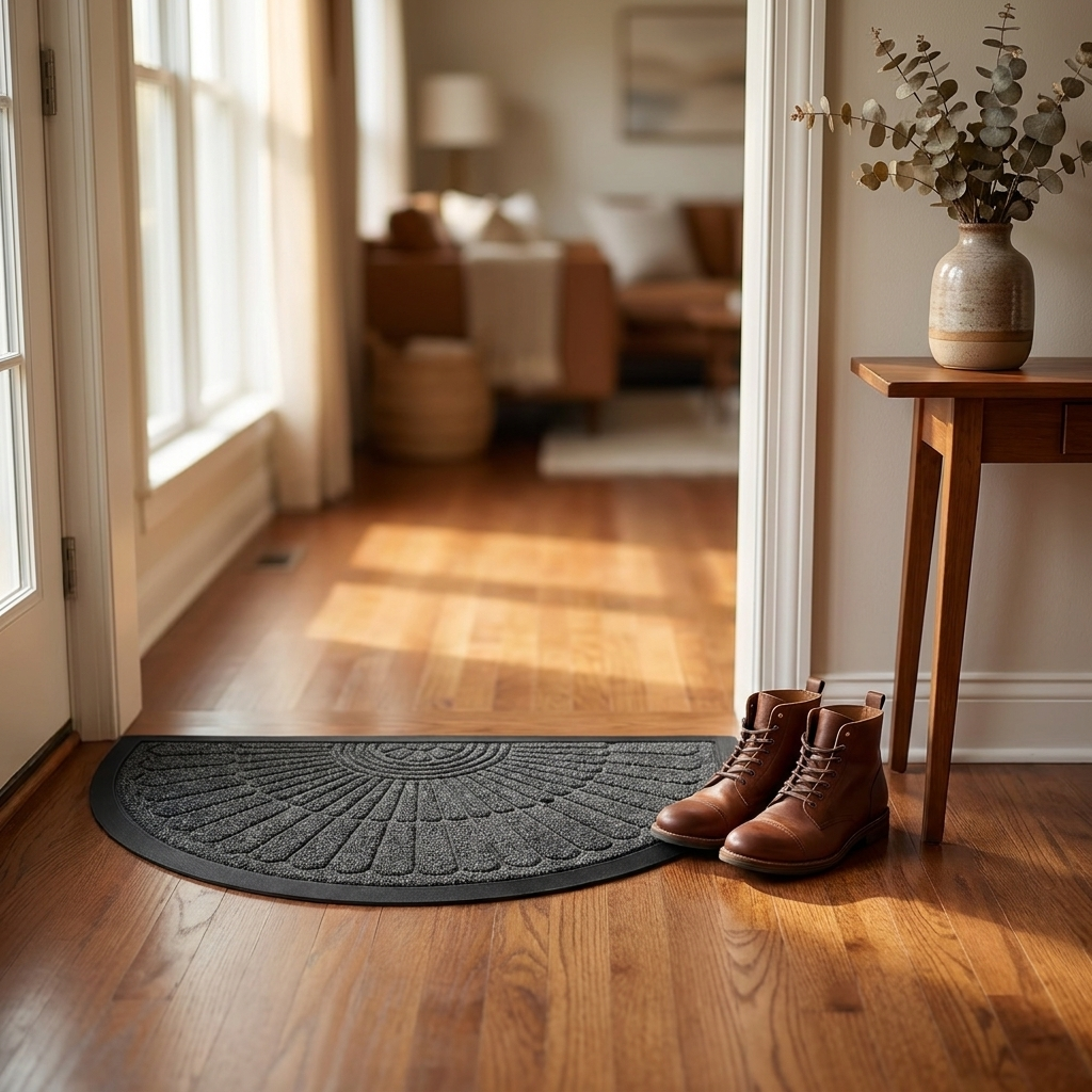 Grey crescent half-moon door mat in a bright indoor entryway with boots