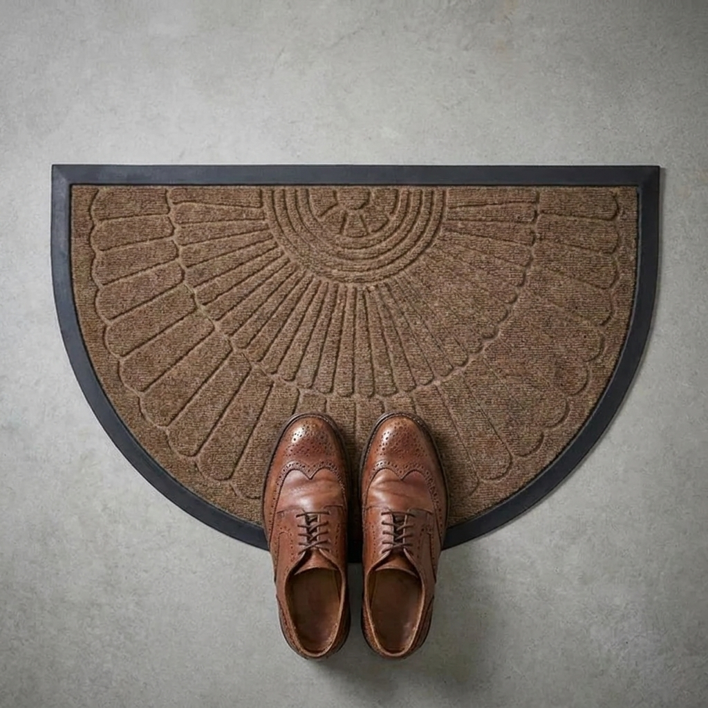 Crescent half-moon door mat shown with a pair of shoes for scale