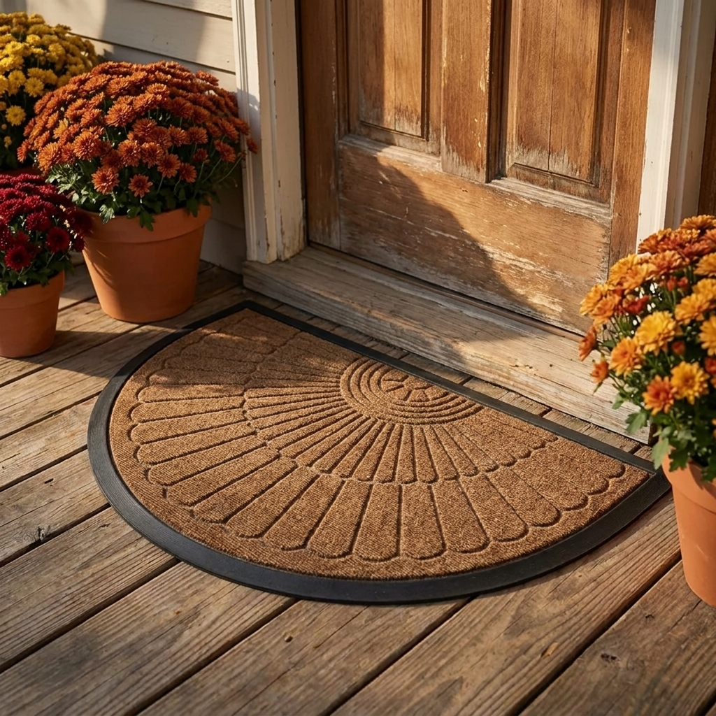 Chocolate brown crescent half-moon door mat on a porch by a wood front door with autumn mums