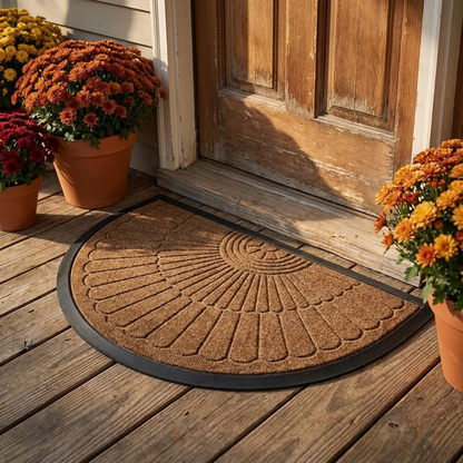 Chocolate brown crescent half-moon door mat on a porch by a wood front door with autumn mums