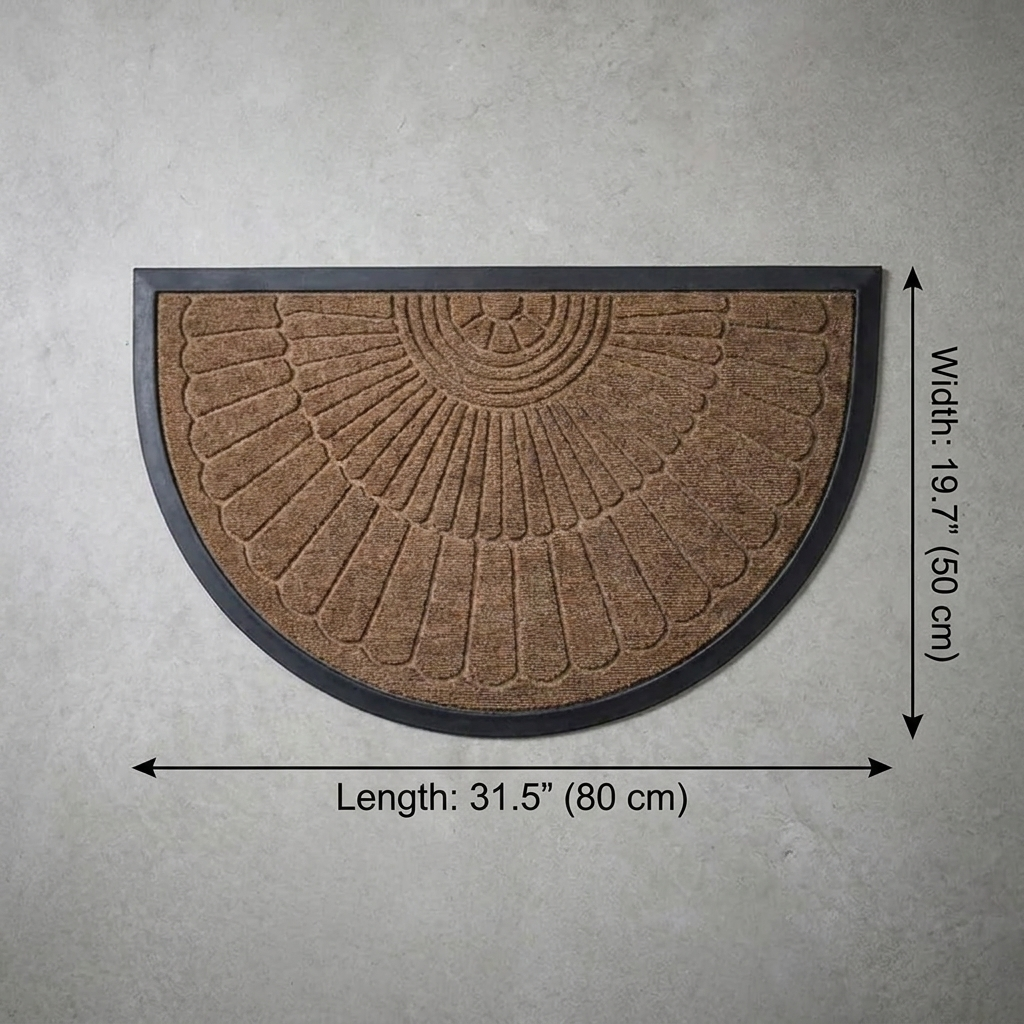 Crescent half-moon door mat dimensions diagram showing medium size length 31.5 in / 80 cm and width 19.7 in / 50 cm