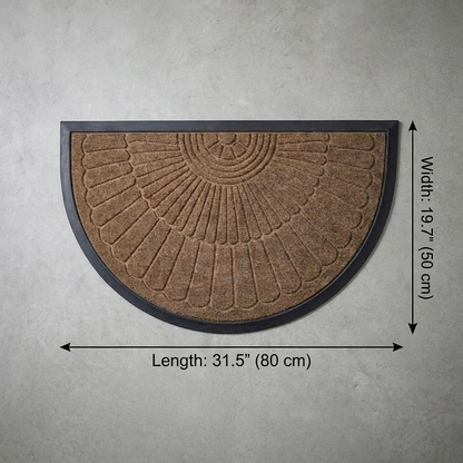 Crescent half-moon door mat dimensions diagram showing medium size length 31.5 in / 80 cm and width 19.7 in / 50 cm
