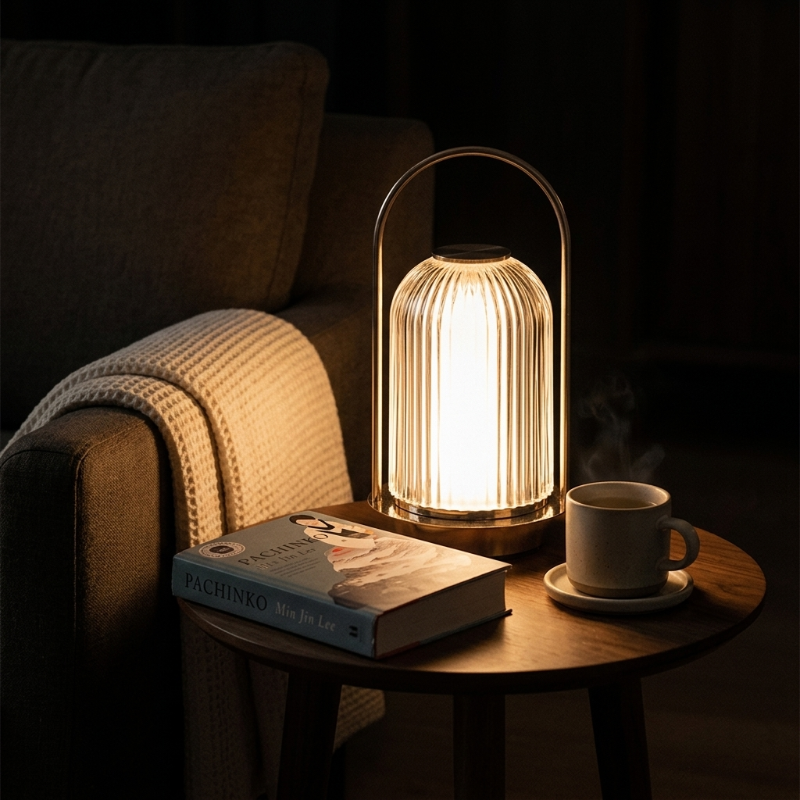 Crystal touch table lamp on bedside table with tray and cup