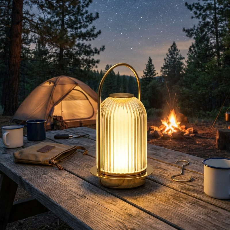 Crystal touch table lamp on outdoor table at dusk