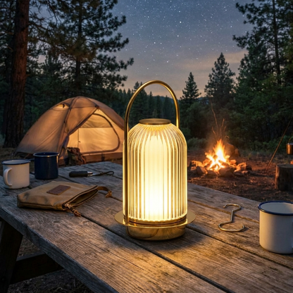 Crystal touch table lamp on outdoor table at dusk