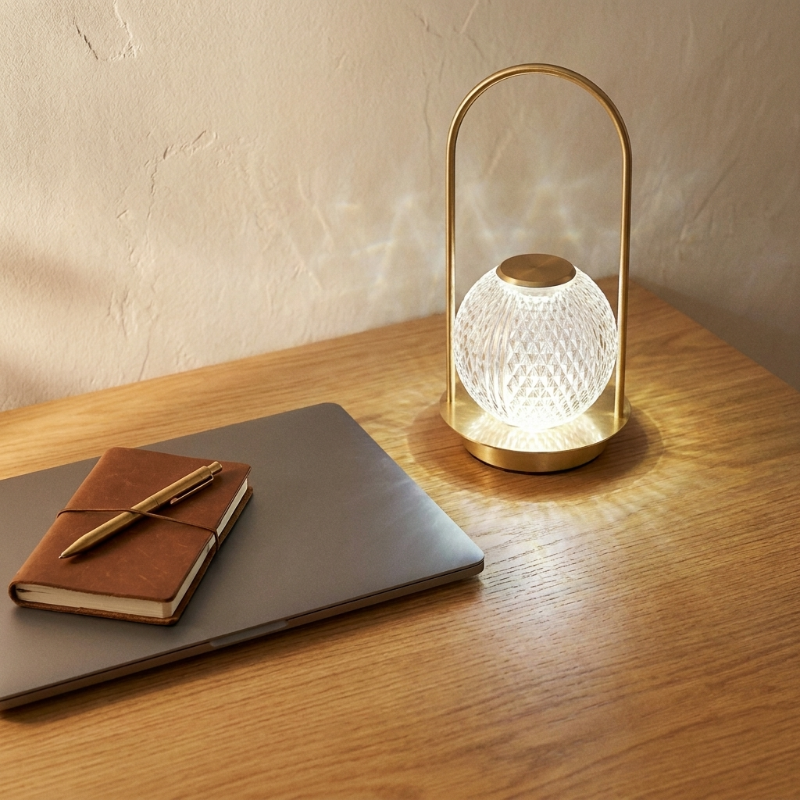 Crystal touch table lamp on desk beside notebook in warm light