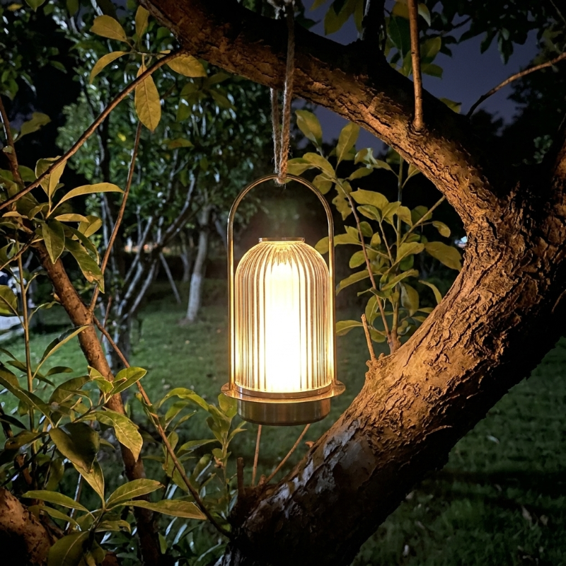 Crystal touch table lamp hanging from tree branch outdoors at night