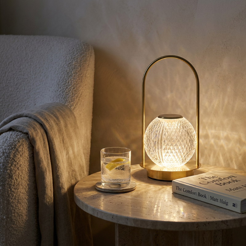 Crystal touch table lamp on bedside table in softly lit bedroom