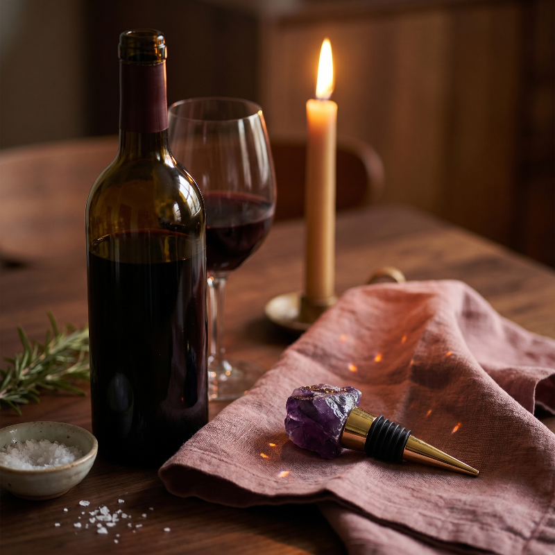 Amethyst crystal wine bottle stopper beside red wine bottle in warm lighting