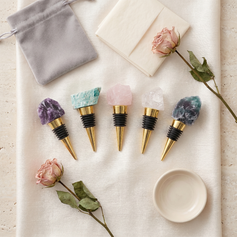 Set of five crystal bottle stoppers with gold bases on a light surface with flowers and a bowl.