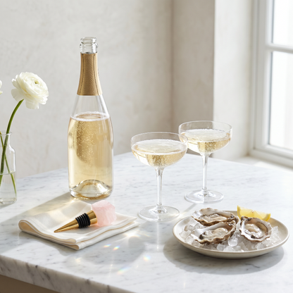 Crystal wine bottle stopper beside white wine and glasses on table