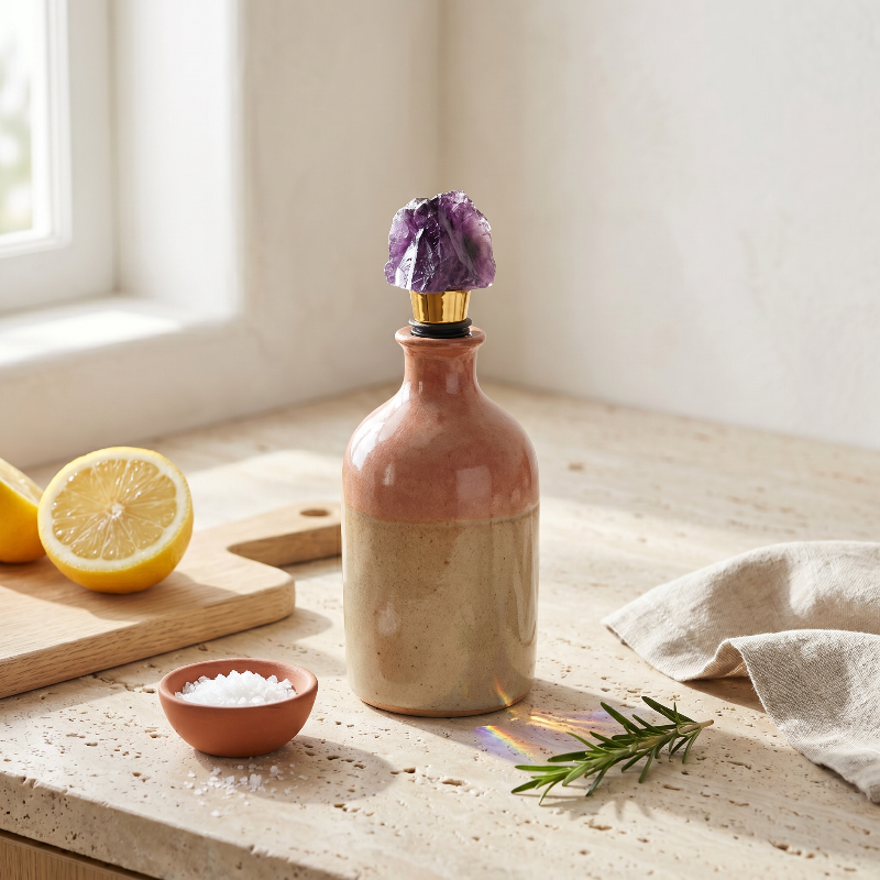 Crystal wine bottle stopper in olive oil bottle.