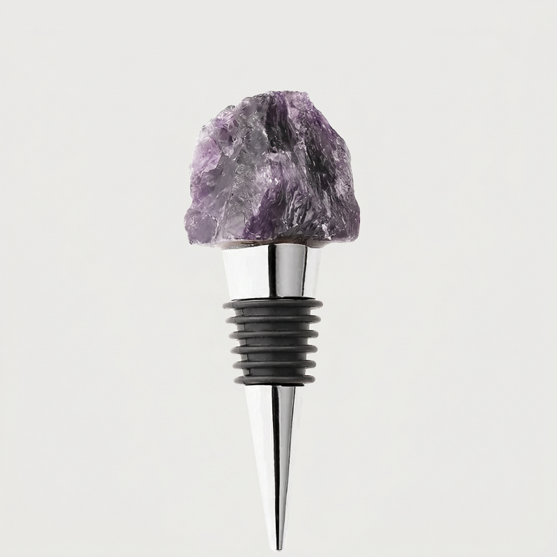 Amethyst crystal wine bottle stopper on white background