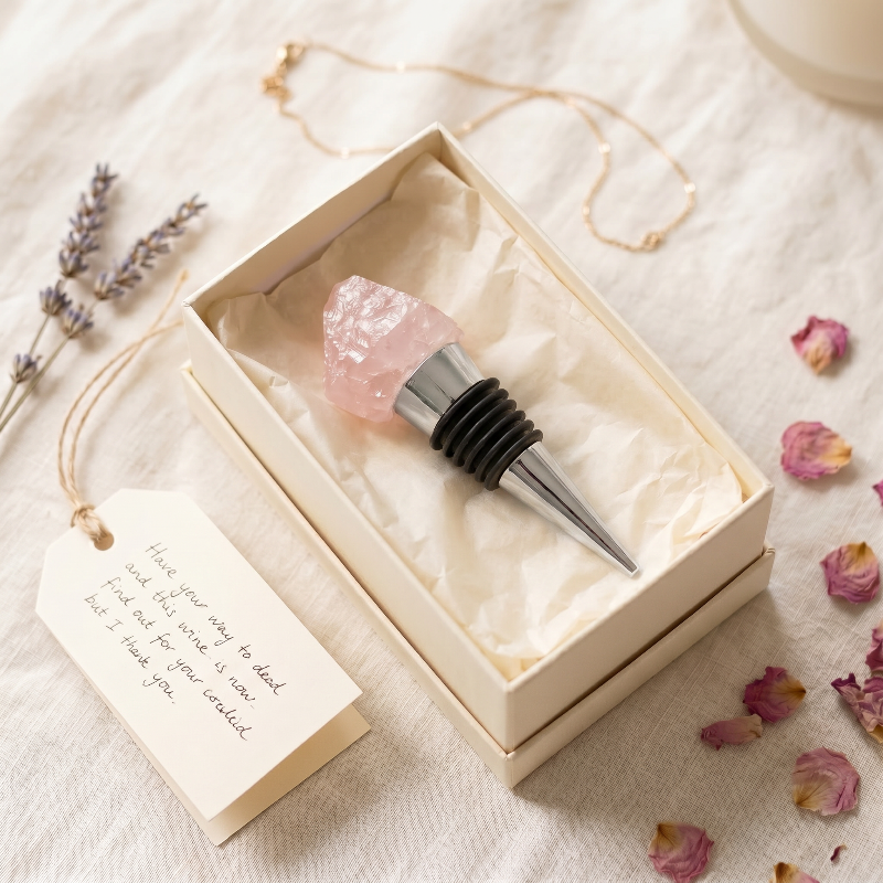 Crystal wine bottle stopper in gift box with ribbon and dried flowers
