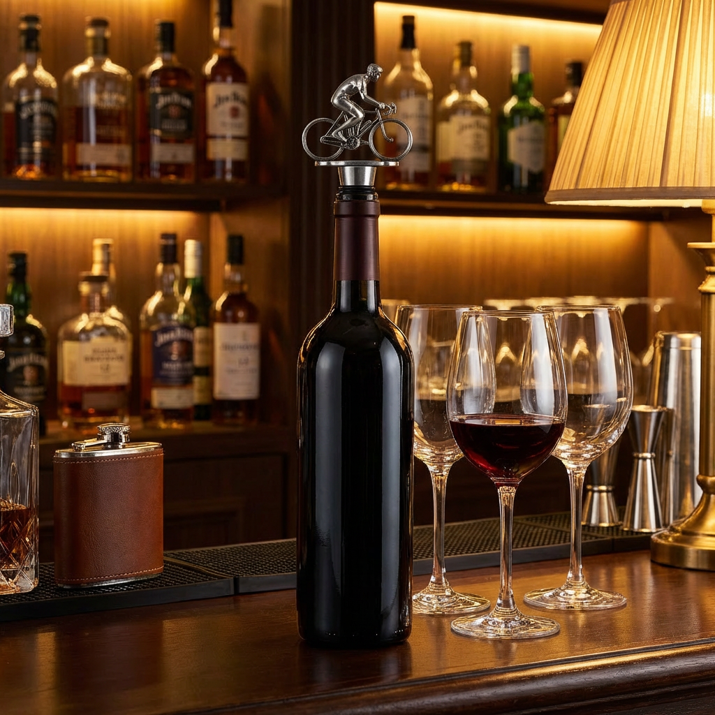 Wine bottle with a cyclist bottle stopper on a bar counter with glasses and bottles in the background.
