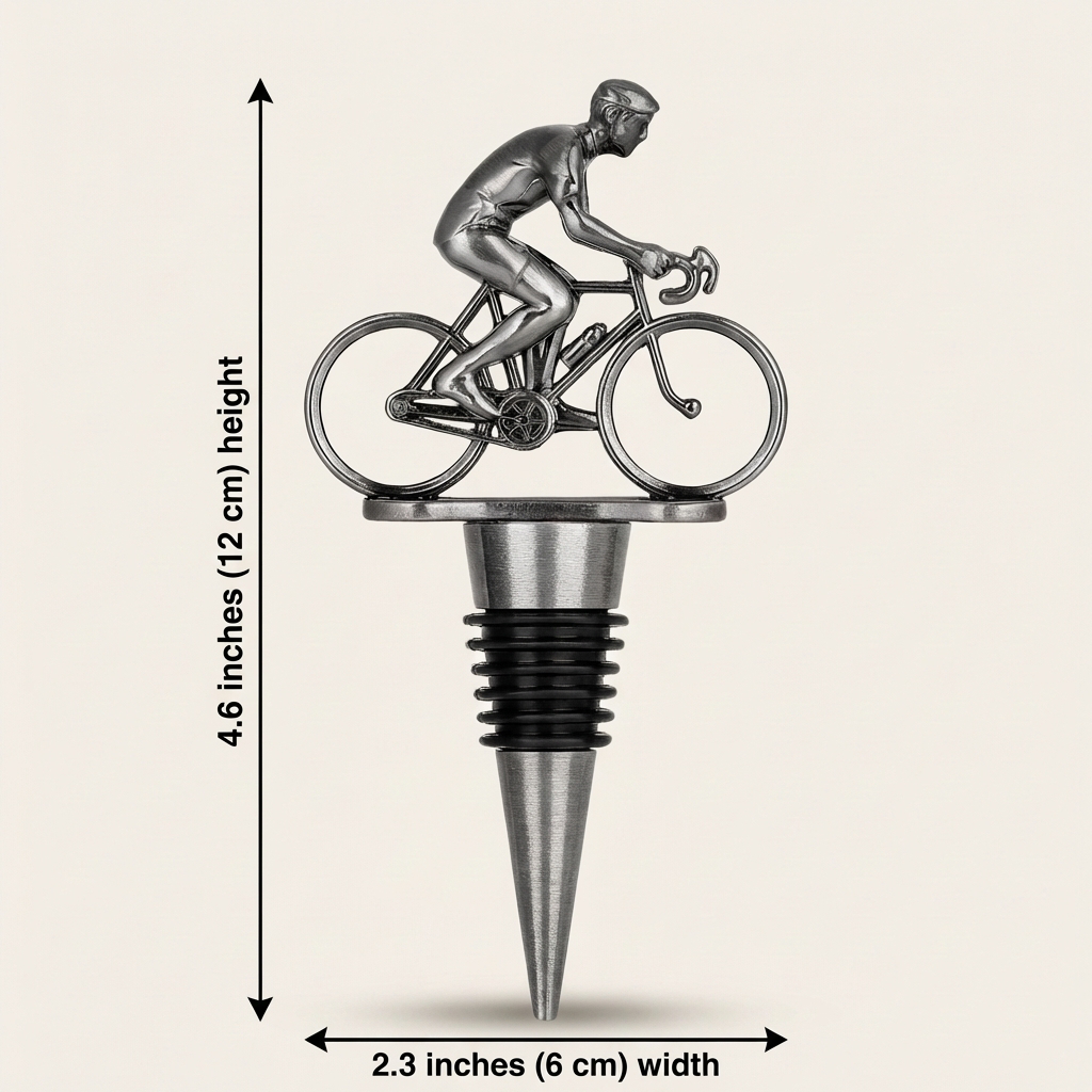 Bottle stopper with cyclist design and measurements on a beige background