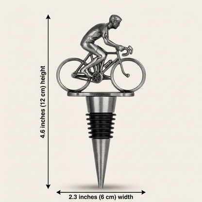 Bottle stopper with cyclist design and measurements on a beige background
