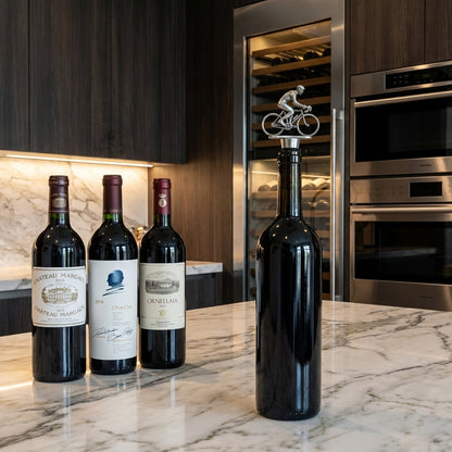 Wine bottles on a marble countertop with a kitchen background