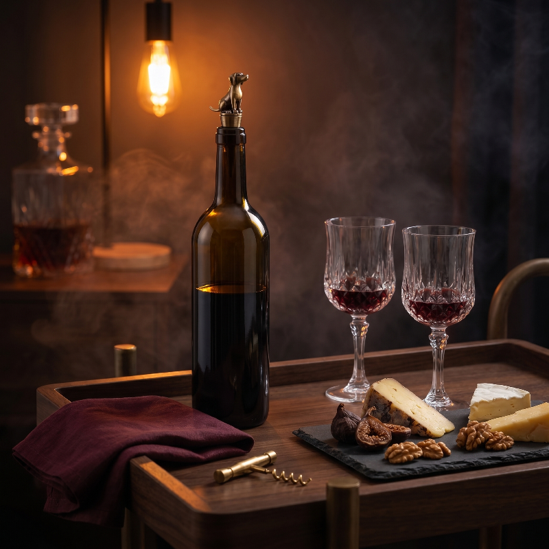 Wine bottle with labrador bottle stopper and two glasses of red wine on a wooden table with cheese and nuts.