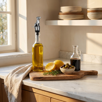 Bottle of olive oil with dog shaped bottle stopper, lemon, bowl of olives, and small bottle on a kitchen counter with natural light.