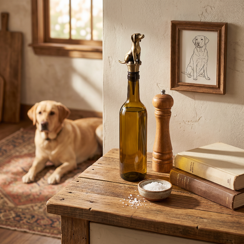 Wine bottle with a labrador dog-shaped stopper on a wooden table with a dog in the background.