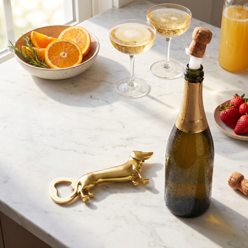 Dachshund bottle opener in gold on kitchen counter beside champagne bottle