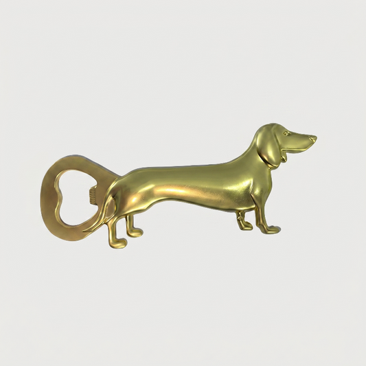 Gold dachshund bottle opener on white background