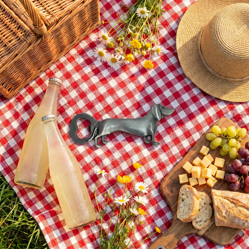 Dachshund bottle opener on picnic blanket with snacks
