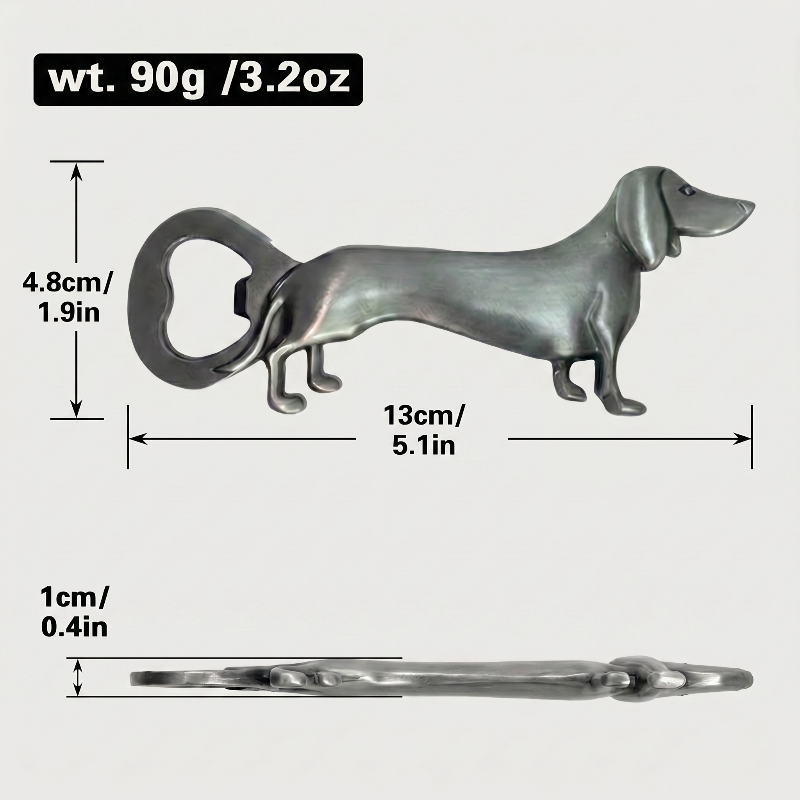 Dachshund bottle opener dimensions graphic on white background