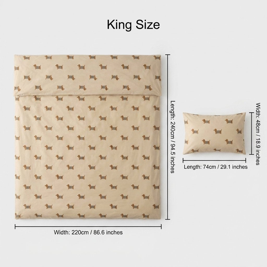 Dachshund duvet set King size dimensions: duvet 94.5in/240cm x 86.6in/220cm, pillowcase 29.1in/74cm x 18.9in/48cm